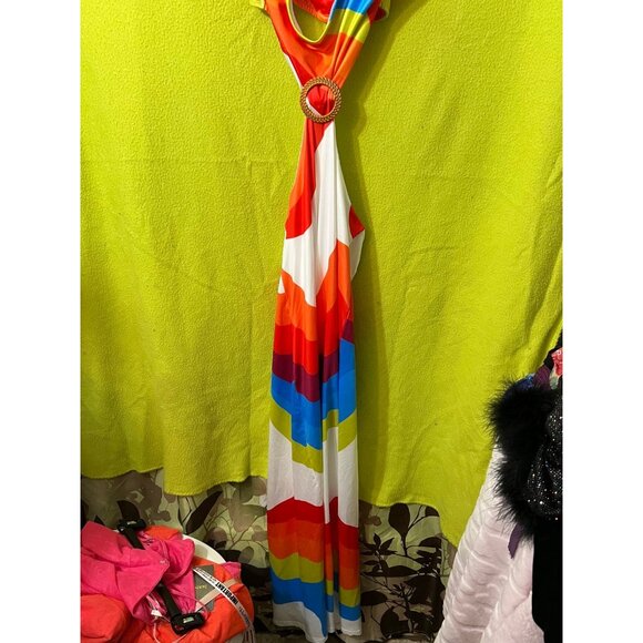 Rainbow Striped Print Hollow Cut Out Maxi Dress S Chicme - Picture 3 of 5